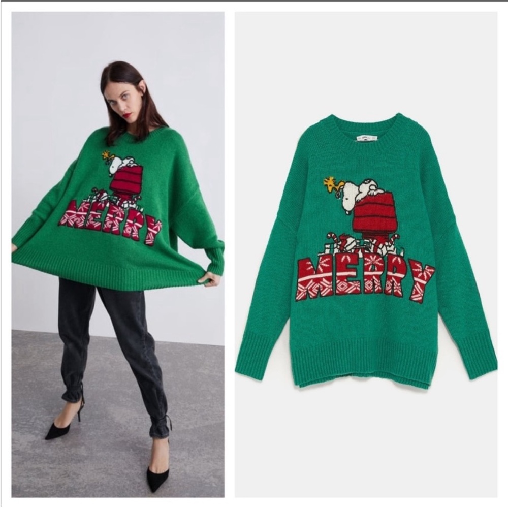 Zara Knit Snoopy Peanuts Merry Sweater Green Medium